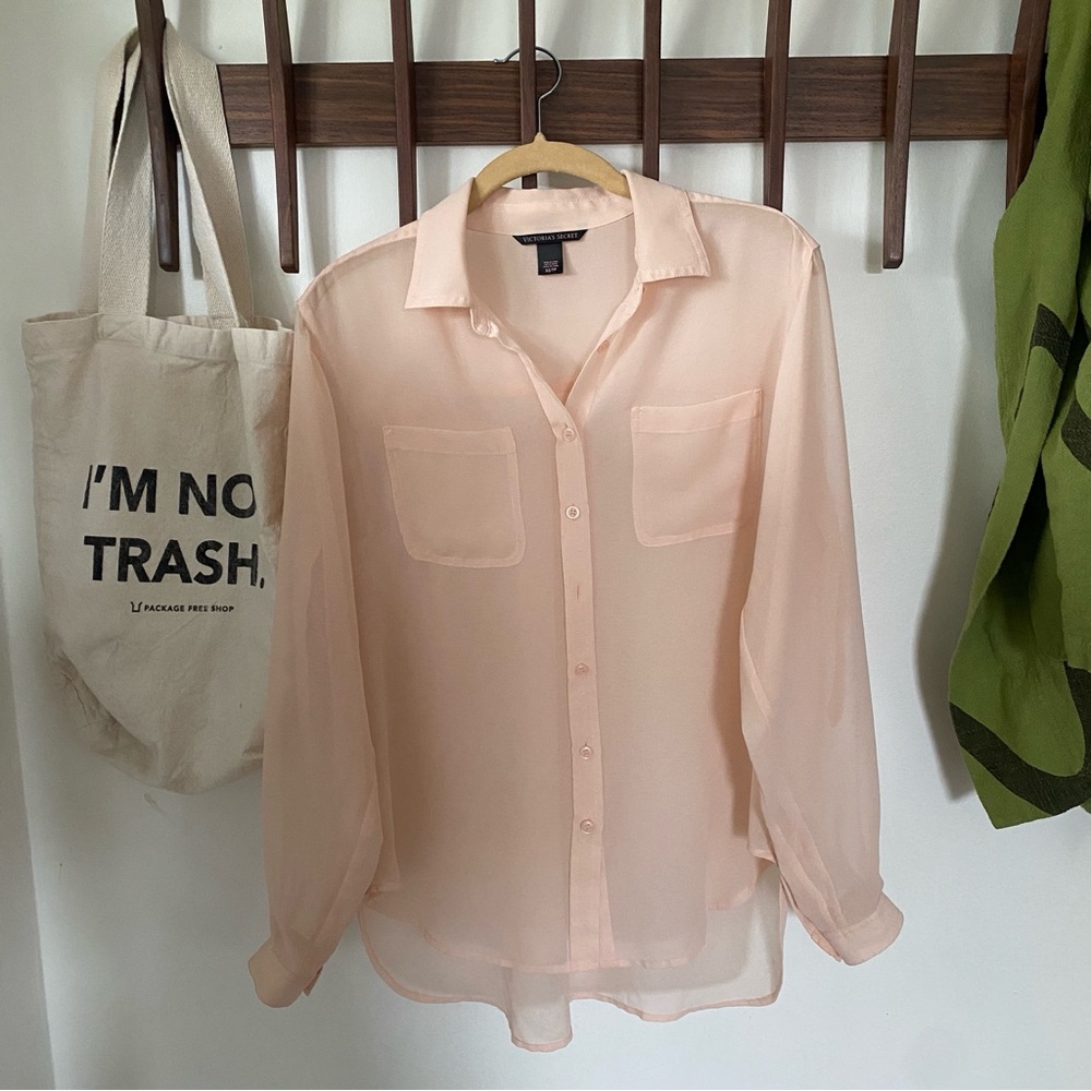 Victoria’s Secret long sleeve button down button up shirt blouse pink sheer XS